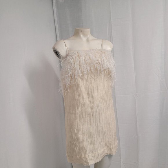 Aje Dresses & Skirts - Aje Silk Pellew Feather Dress Cream White Mini Size Small Shoe String Straps New